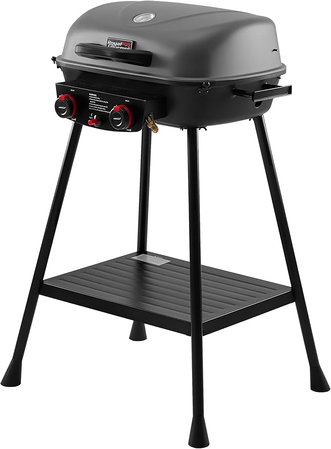 Royal Gourmet GT2003 Portable 2 Burner Propane Gas Grill with Stand and Warming Rack 2-in-1 Grill Griddle Combo with 17000 BTUs Output forCamping Tailgating Backyard Gray