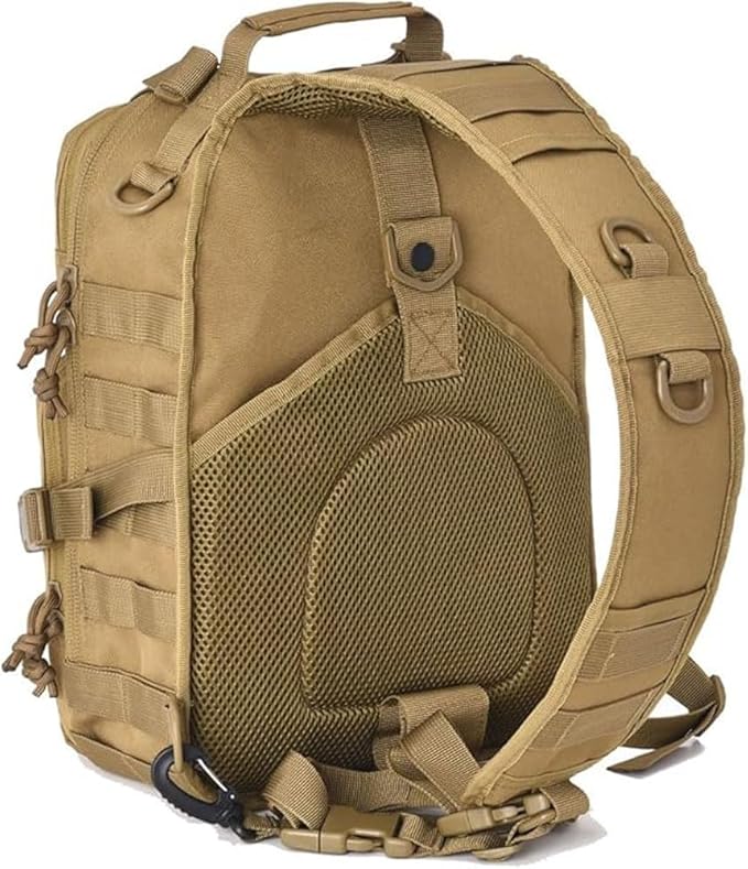 REEBOW GEAR Tactical Sling Bag Pack Military Rover Shoulder Sling Backpack EDC Molle Assault Range Bags Day Pack w/Tactical USA Flag Patch (Style 04-Tan)
