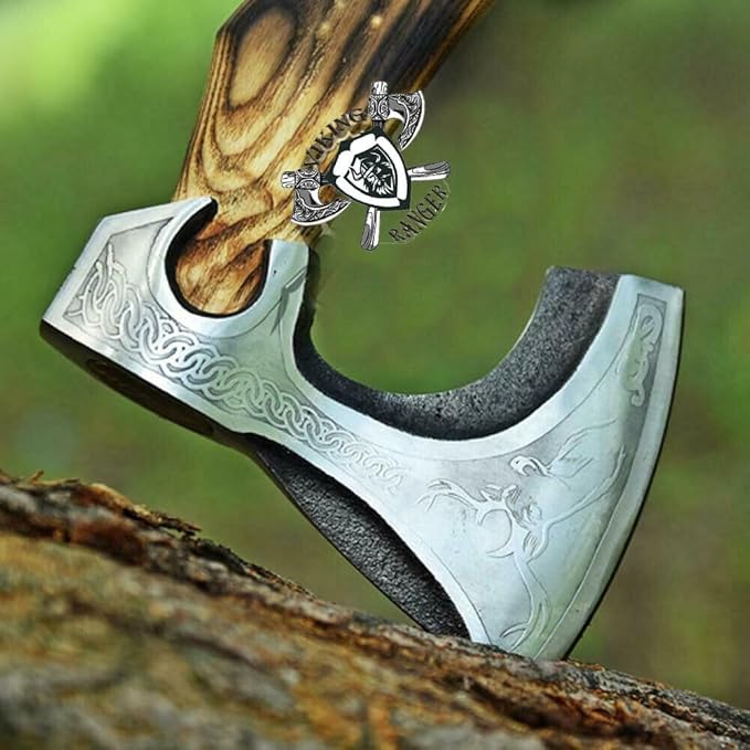 Handmade Carbon Steel Axe – Hand Forged High Carbon Steel Head | Wood Handle Rustic Outdoor Hatchet Viking Style Camping &amp Survival Axe (Axe-4)