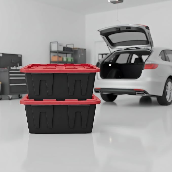 27 Gallon Heavy-Duty Storage Totes with Secure Snap Lids 4-Pack Stackable Plastic Bins for Garage Basement Attic Organization - Black Base &amp Red Lid Lockable Design for Indoor/Outdoor Use (4 P