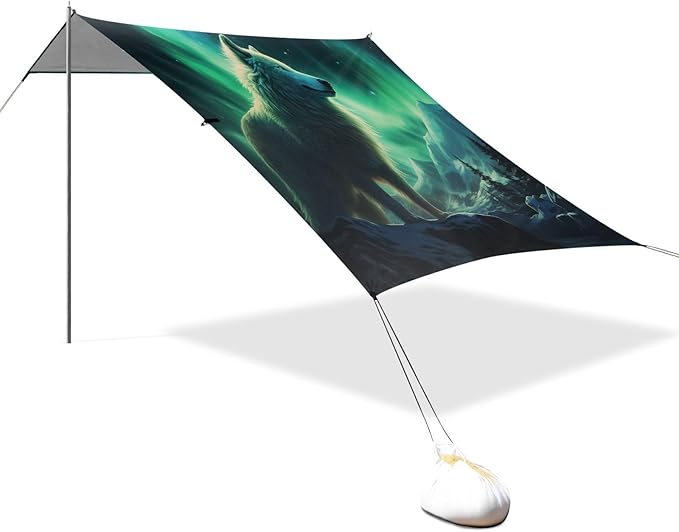 ALAZA Wolf Polar Lights Beach Tent Sun Shelter UPF50+ Protection Beach Shade Canopy w/ 4 Sandbags for Outdoor Camping Fishing Backyard Fun Picnic 10x9 ft