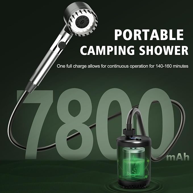 Portable Camping Shower Pump Kit 7800mAh Showers Pump for Travel CampingOutdoor Tents Shower and Pet Cleaning with Water Temperature Display and Rechargeable Battery