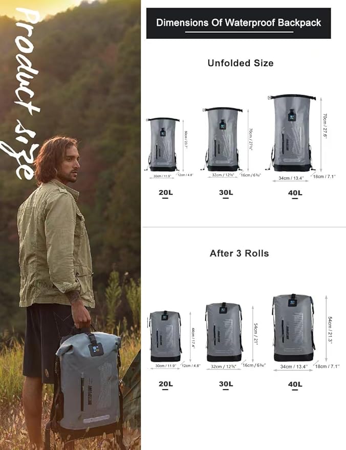 IDRYBAG Waterproof Backpack for Men 20L/30L/40L Floating Dry Bag Kayak Dry Backpack Hiking