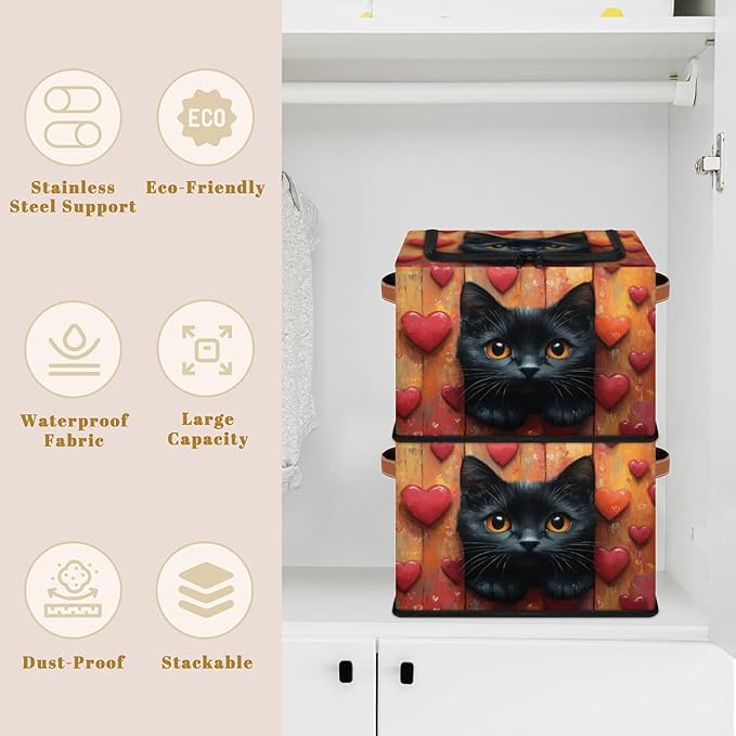 Black Cat Storage Bins with Zipper Lid Hearts Valentine's Fabric Lidded Storage Baskets Cubes with Handles Decorative Foldable Shelf Closet Organizer Container