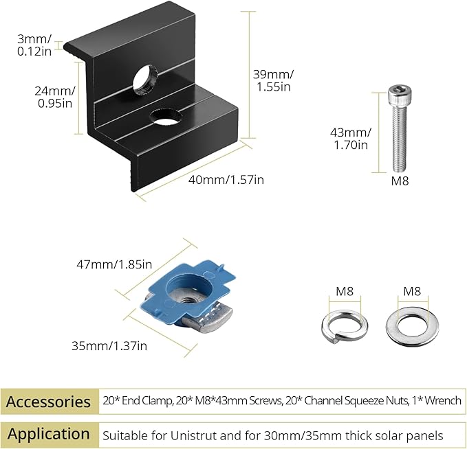 Anbte 20pcs Solar Panel End Clamp for Standard Unistrut Aluminum 30mm/35mm Solar Panel Brackets with Nuts Bolts Solar Panel Mounting Kit for Metal Roof Tin Roof Flat Roof Sheet Roof RV Black