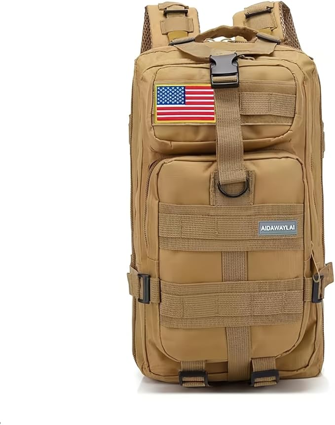 30L Comfortable Durable Military Tactical Backpack w/USA Flag Patch MOLLE Hiking Camping Travel Bag(khaki)
