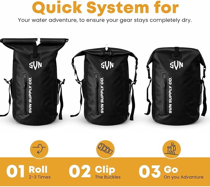 SVN Supply Co. Heavy-Duty Waterproof Backpack – Roll-Top Dry Bag for Hiking Kayaking Camping &amp Outdoor Adventures – Padded Shoulder Straps (Black)