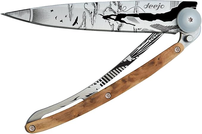 deejo - 37G Folding Pocket Knife with Belt Clip - Climbing Design 3.7-Inch Stainless Steel Blade Juniper Wood Handle - Lightweight Everyday Carry for Home Work and Outdoor Use
