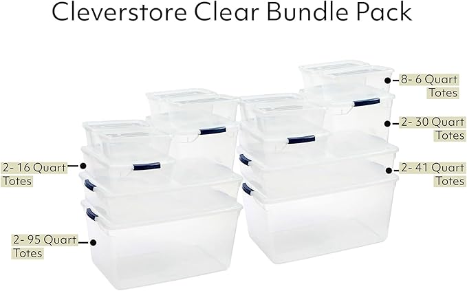 Rubbermaid Cleverstore Clear Dorm Variety 16-Pack Made in USA Stackable Large Clear Storage Bins with Lids See-Through Plastic Storage with Latching Lids BPA-Free