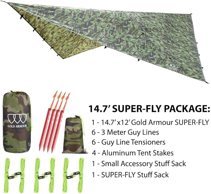 Gold Armour Rainfly Tarp Hammock Premium 14.7ft/12ft/10ft/8ft Rain Fly Cover Waterproof Ultralight Camping Shelter Canopy Survival Equipment Gear Camping Tent Accessories (Camouflage 14.7ft x 12ft)