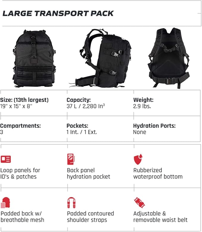 FOX OUTDOOR PRODUCTS Large Transport Pack | 37L Tactical Backpack with Compression Straps Hydration Pocket &amp Modular Webbing
