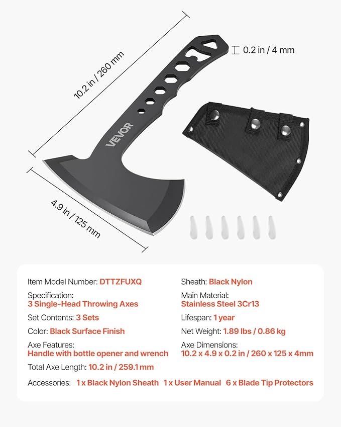 VEVOR Throwing Axes and Tomahawks 3 Pack Axe Throwing Hatchet Set Multi-Functional Handle with Wrench and Bottle Opener Stainless Steel with Black Nylon Sheath for Recreation and Competition