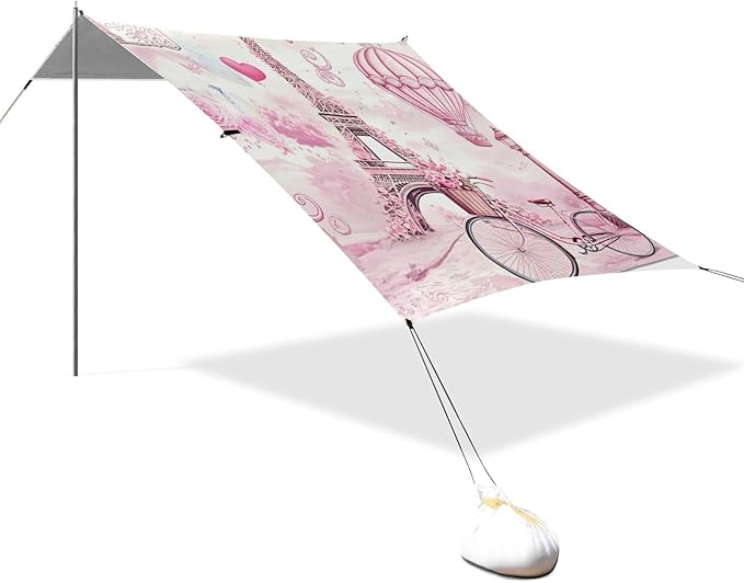 Beach Canopy with Windproof Ropes &amp Sandbags Beach Tent Sun Shade Sun Shelter for Camping Trips Fishing Backyard Fun or Picnics Eiffel Tower