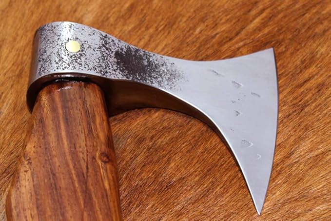 Damascus Depot Tomahawk Axe Bearded Hiking Battle Axe 15 Inches Long Hand Hammered Carbon Steel Axe with Rose Wood Round Handle Thick Cow Hide Leather Sheath