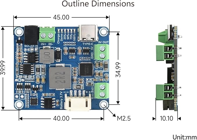 Waveshare Solar Power Manager Module (D) Supports 6V~24V Solar Panel and Type-C Power Adapter 5V/3A Regulated Output for Raspberry Pi/Jetson Nano with Battery Holder (Batteries Not Include)
