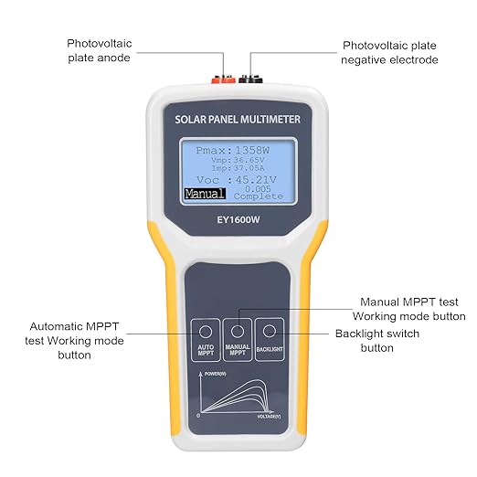 Solar DC/AC Power Meter Solar Panel Tester 1600W Photovoltaic Panel Multimeter MPPT Open Circuit Voltage Test Device Maximum Power Point Voltage Current Power Test Meter LCD Display with Backl