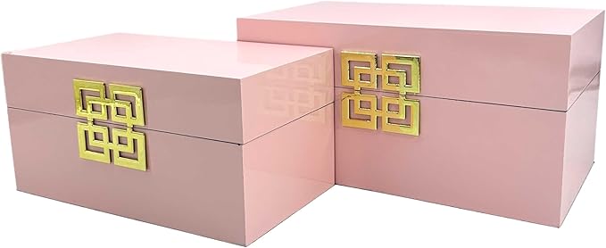 Galt International Storage Box Set Decorative Storage Box w/Hinged Lid Classic Design Wood Decor Boxes with Geometric Clasp Storage for Bedroom &amp Home - Set of 2 (Pink &amp Gold)