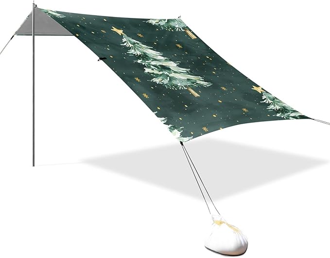 ALAZA Christmas Tree Stars Beach Tent Sun Shelter UPF50+ Protection Beach Shade Canopy w/ 4 Sandbags for Outdoor Camping Fishing Backyard Fun Picnic 10x9 ft