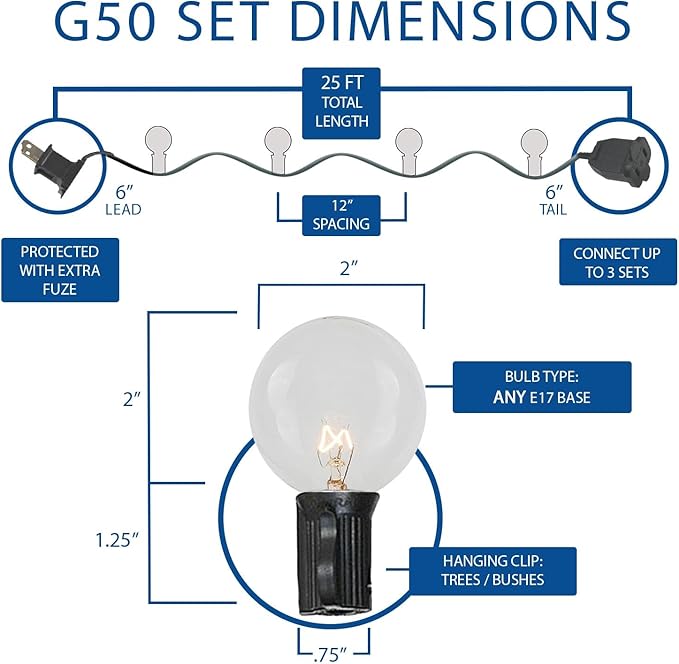 Novelty Lights 25 Feet G50 LED Patio String Light Set with 25 Bulbs Warm White Weather Resistant and Shatterproof Replaceable Plastic Globe Bulbs Green Wire