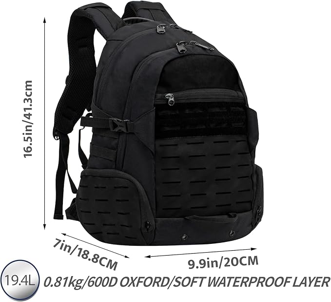 Tactical Pack Military Backpack 19.4L Waterproof Rucksack 600D OXFORD for Hiking Trekking Hunting (black)