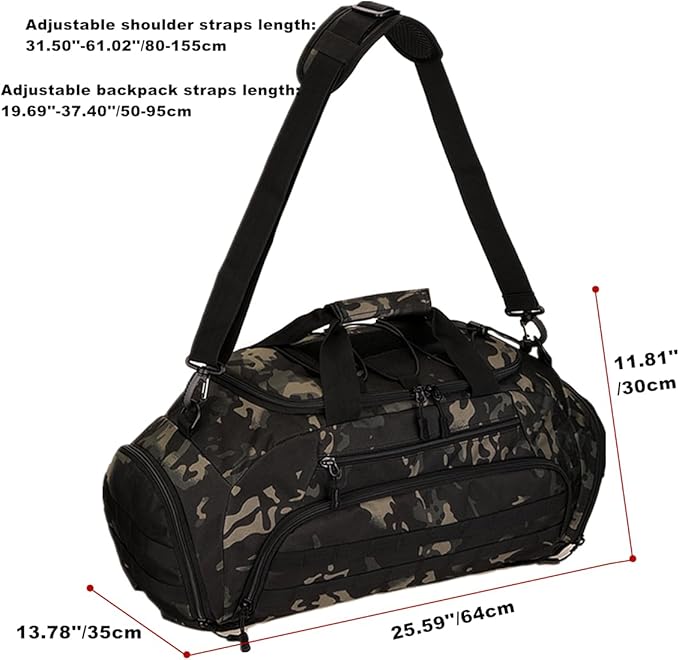 UNISTRENGH 3-Ways Tactical Military Nylon Men Holdall Weekend Travel Duffel Bag Backpack Messenger Shoulder Bags Rucksack Handbag (Black camo-45L)