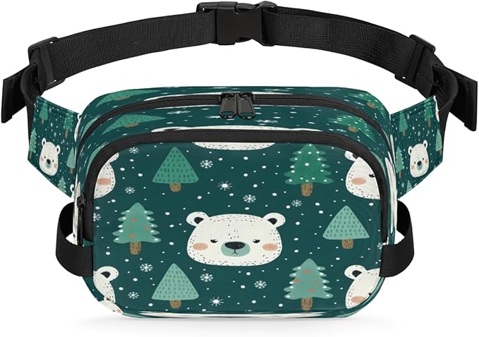 Bears Trees Snowflakes Waterproof Fanny Pack for Women Men Adjustable Waist Bag with Double Zipper Pockets Lightweight Square Hip Pack for Running Travel Hiking Workout Cycling