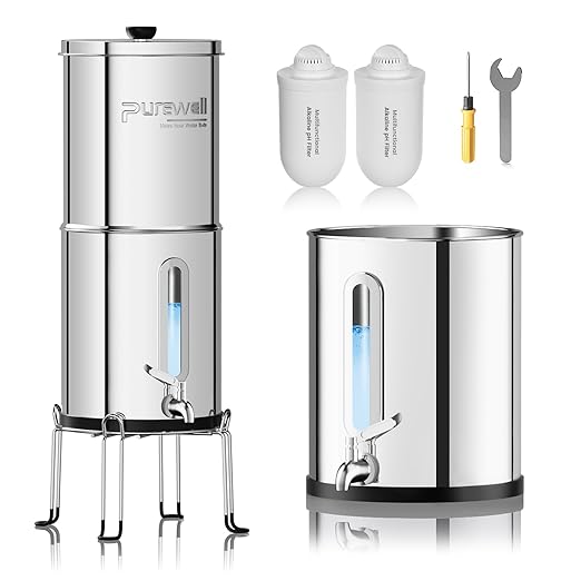 Purewell Upgraded 9-Stage Gravity Water Filter System with Water Level Window 0.01μm Ultra-Filtration Countertop System with 2 Filters and Stand pH 8-9 Reduce 99% Chlorine BO-PH-2.25G