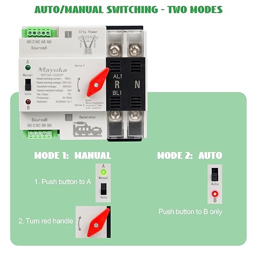 100A Automatic Transfer Switch for Home Generator - AC 220V 2 Pole ATS with CB Dual Power Changeover Transfer Switch with Metal Inlet Box for Indoor (100A-2P)