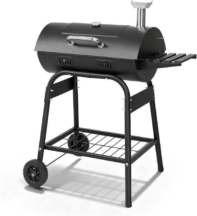 VINGLI Upgraded Barrel Charcoal Grill with 2 Sides Table BBQ Grill Outdoor Smoker with Wheels for Party Garden Patio and Backyard Cooking 39''D × 24''W × 46''H (Upgraded Grill w/Side Table)