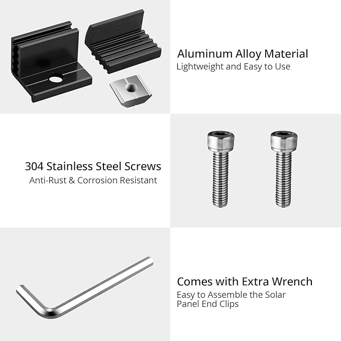 Anbte 10pcs Solar Panel Mounting Brackets 30-50mm Adjustable Aluminum Solar Panel End Clamp Include 10*Screw M8 and 1*Wrench Solar Mount Kit for Metal Roof Tin Roof Flat Roof Sheet Roof Black