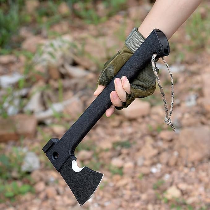 Camping Axe 14 inch hatchet Outdoor Survival Challenge Hiking Tactical Axe Throwing Axe Multi-Function Rope Cutter Saw Hammer (Axe with saw) Black