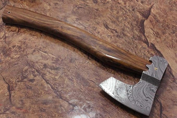 Damascus Steel Tomahawk Axe Bearded Hiking Battle axe17 Inches Long Hand Forged with Rose Wood Round Handle Large 5 Cutting Edge Thick Cow Hide Leather Sheath