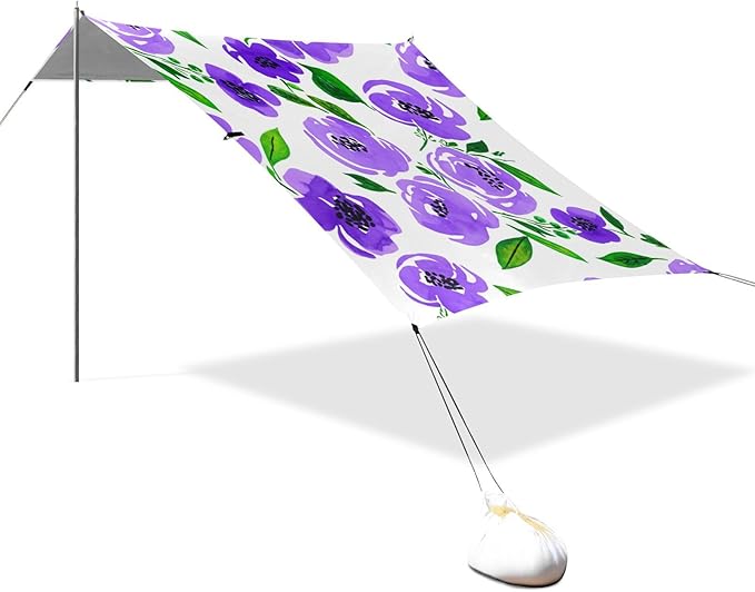 Beach Canopy with Windproof Ropes &amp Sandbags Beach Tent Sun Shade Sun Shelter for Camping Trips Fishing Backyard Fun or Picnics Purple Flowers