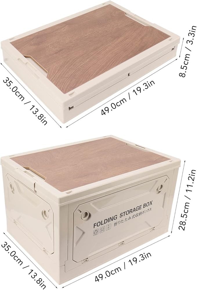 Folding Camping Storage Box with Wooden Lid Storage Bin Container with Wheels for Car Camping Picnic