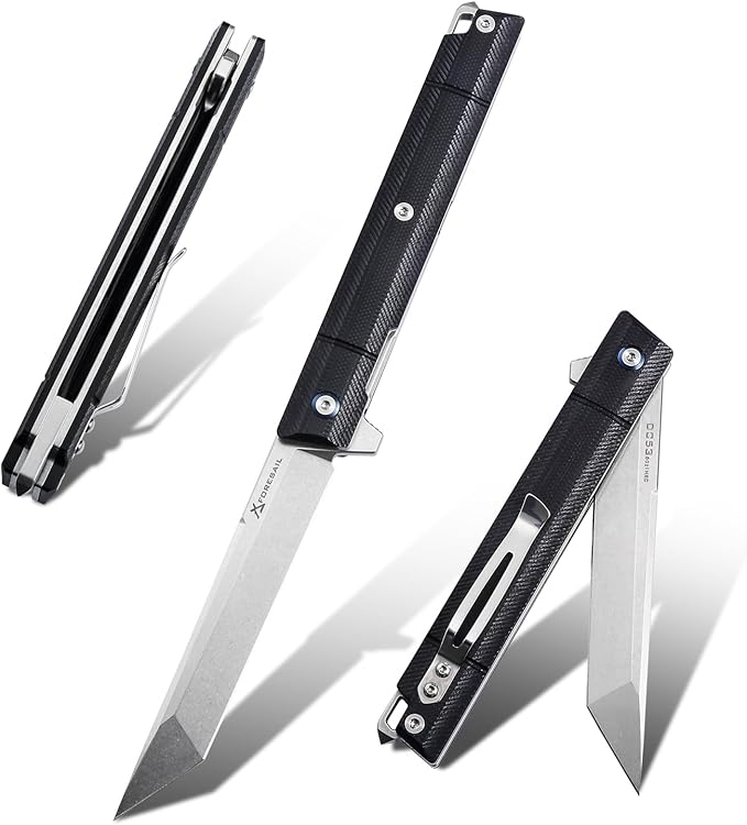 Flipper Pocket Folding Knife DC53 Steel Blade and Black G10 Handle with Pocket Clip and Glass Breaker EDC Tool Knife (Stone Wash Blade)