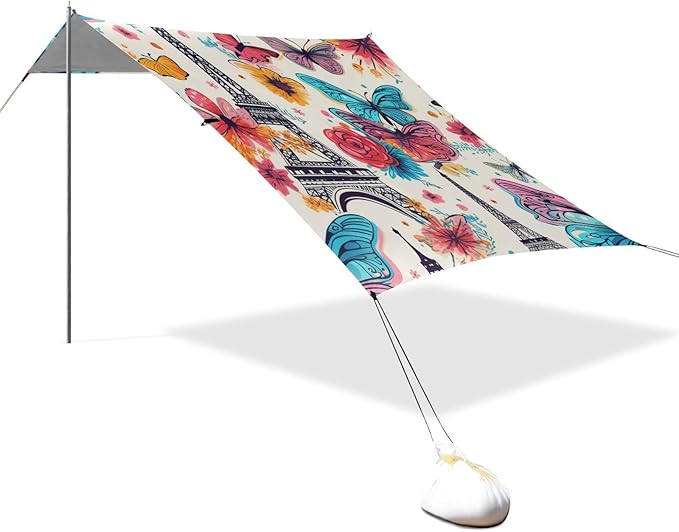 ALAZA Paris Eiffel Tower Colorful Butterfly Beach Tent Sun Shelter Portable Canopy Sunshade for Outdoor Camping Picnics Backyard Fun 10x9 ft