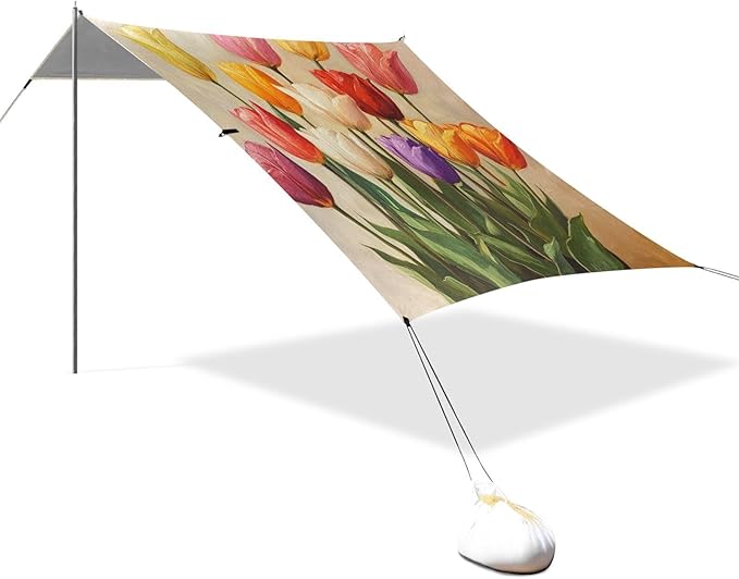 ALAZA Vintage Oil Painting Colorful Tulips Beach Tent Sun Shelter Portable Canopy Sunshade for Outdoor Camping Picnics Backyard Fun 10x9 ft