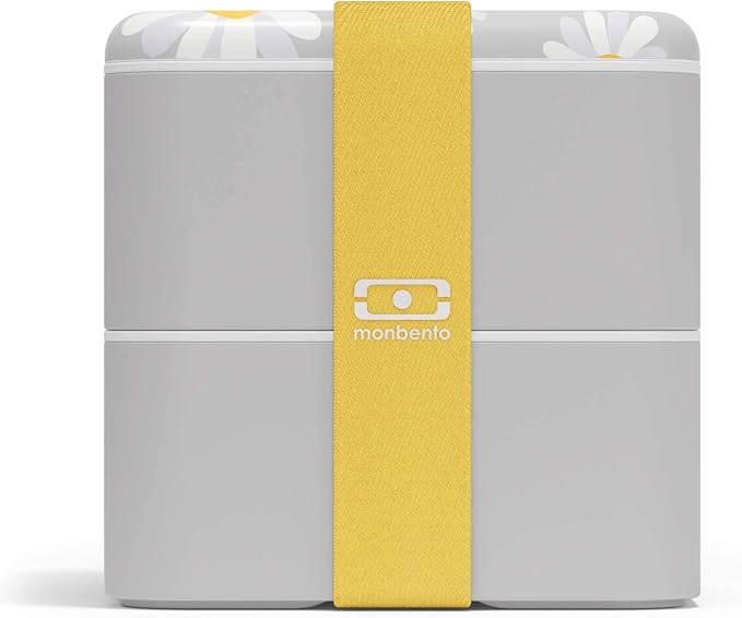monbento - Large Bento Lunch Box MB Square Daisy with 2 Compartments - 57 oz -3 Leakproof Lunch Box for Work/Picnic/Meal Prep - BPA Free - Microwave &amp Dishwasher Safe - Flowers Pattern - Grey