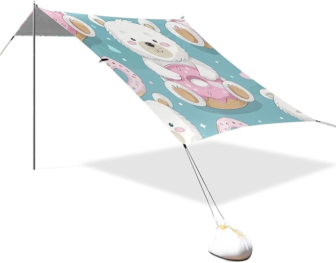 ALAZA Cute Carttoon Bear and Donut Seamless Beach Tent Sun Shelter Portable Canopy Sunshade for Outdoor Camping Picnics Backyard Fun 10x9 ft