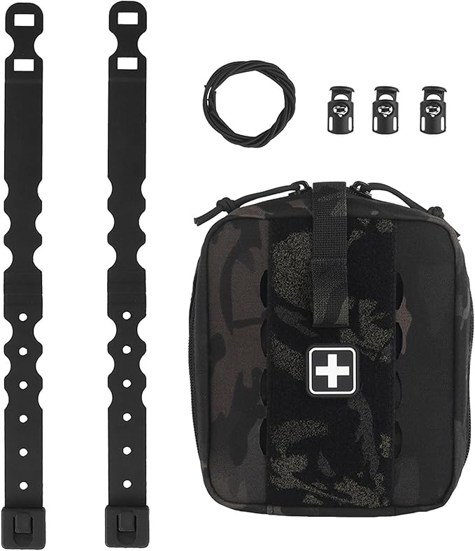 Tactical Camo IFAK Pouch MOLLE Medical Organizer with Elastic Storage Board Front Tool Slots and Rear Shear Pocket Attaches to Vest Belt or Backpack