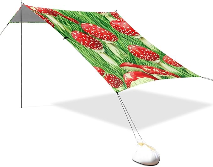 xigua Mushroom Beach Tent Sun Shelter with Carrying Bag - Silver Coated Oxford Fabric Beach Canopy for Beach Camping Fishing - Includes Windproof Ropes Sandbags &amp Stakes