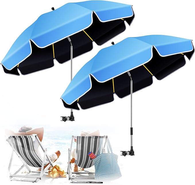 Umbrella 360°Adjustable Protection Stroller 2 PACK 48.8 beach chair umbrella with clamp high UV protection. 3 Adjustable areas 180°+360° for fishing golf beach camping (chair not included)