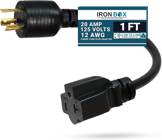 IronBox Electric NEMA L5-20P to 5-20R Power Cord Plug Adapter - 20A 125V 12 AWG - UL Listed Heavy Duty Adapter Cable for Generator Data Centers Computers Outdoor Events &amp More (Molded 1 ft)