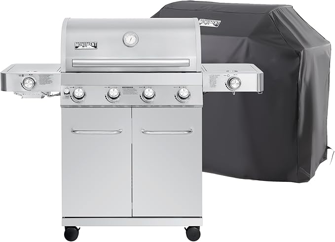 Monument Grills Larger 4-Burner Propane Gas Grills Stainless Steel with BBQ Cover(2 Items) Outdoor Use