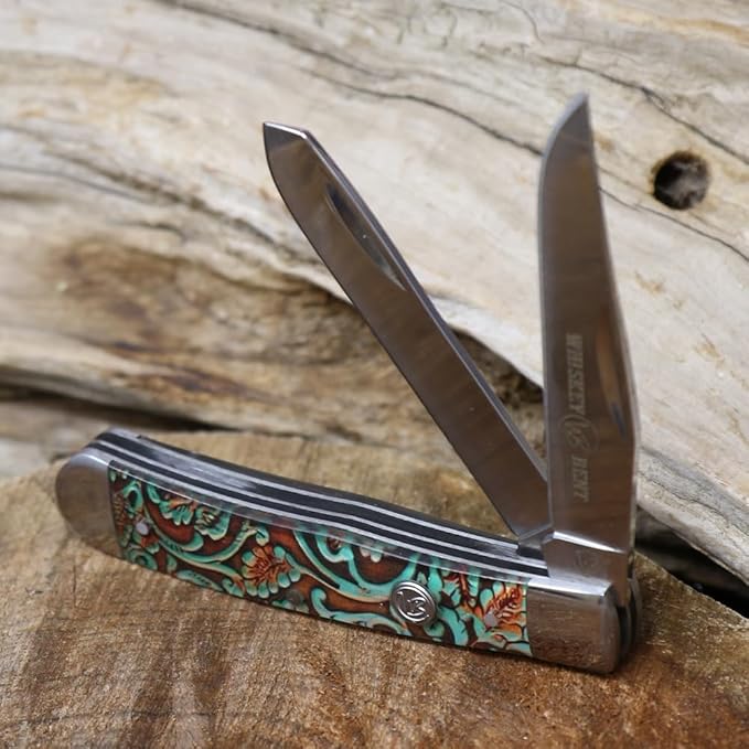 WHISKEY BENT HAT CO. Traditional Trapper Folding Pocket Knife 4.125 Closed Length 440C Stainless Steel Blades (Tooled Rancher)