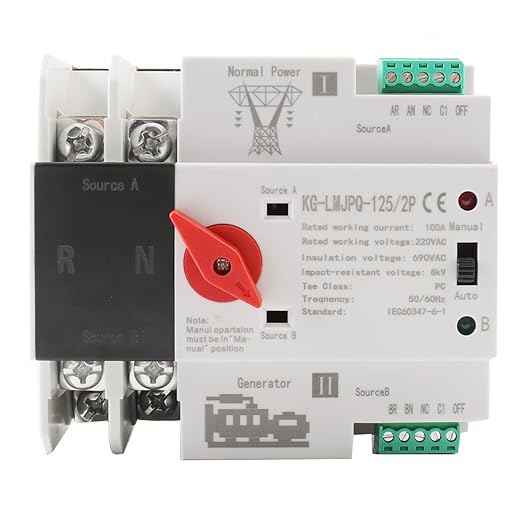 2P 100A Dual Power Automatic Transfer Switch 220V Generator Changeover Switch Tools Dual Power Transfer Switch Din Rail Mounting Type 50HZ/60HZ