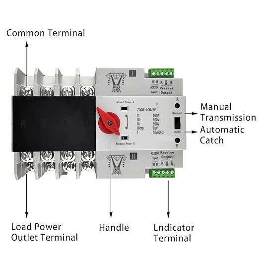 Dual Power Automatic Transfer Switch - 4P 100A 220V Changeover Switch with Automatic Transfer and Electronic Power Circuit Breaker