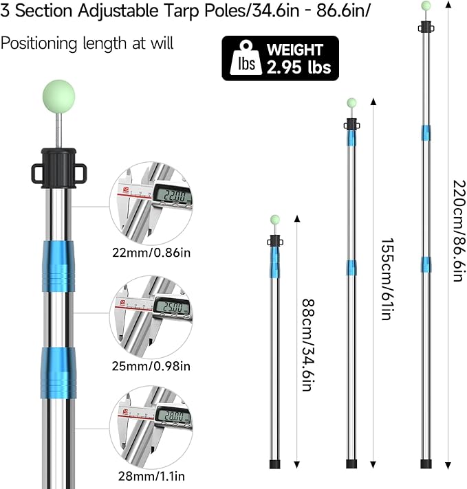 SANLIKE Telescoping Tarp Pole Heavy Duty Tent Poles 33-86.6/94 Thickened Tube Collapsible Stainless Steel Canopy Poles for Camping Backpacking Hiking Awning Sun Sails Outdoor Sports Set of 2