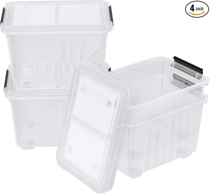 Sadstory 30 Quart Clear Latching Tote Bin with Lid Plastic Storage Box with Wheels 4 Packs