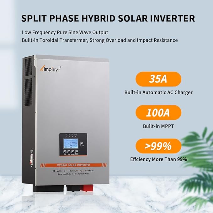 Ampinvt 6000W Solar Inverter 48V DC to 120V/240V AC Split Phase Output Built-in 100A MPPT Solar Controller Off Grid Low Frequency Pure sine Wave Inverter Charger for Lead Acid Lithium Gel Battery